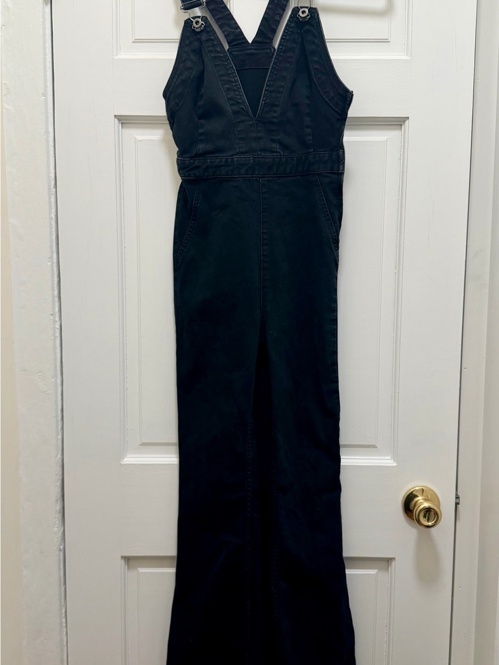 Free People Black Denim Flare Overalls